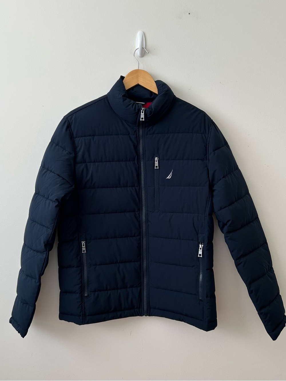 Nautica Men's Navy Puffer Jacket Full Zip Water/Wind Resistant Red Lined M